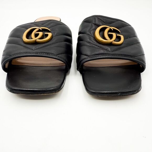 Gucci GG Marmont Quilted Chevron Black Leather Sandals Mules Flats - Picture 5 of 14